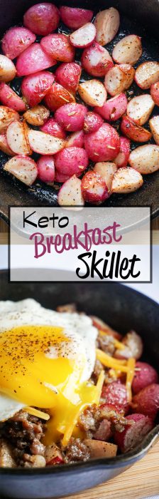 Keto Breakfast Bowl! Perfectly roasted radishes topped with sausage, cheese and a perfectly cooked egg!