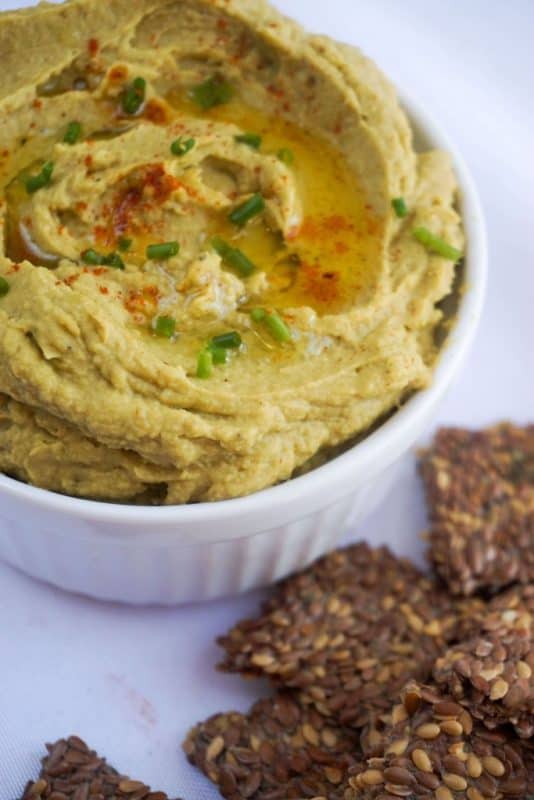 avocado hummus with flax crackers