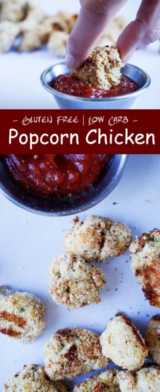 Low carb, gluten free popcorn chicken perfectly breaded. Easy to make - Video in blog post