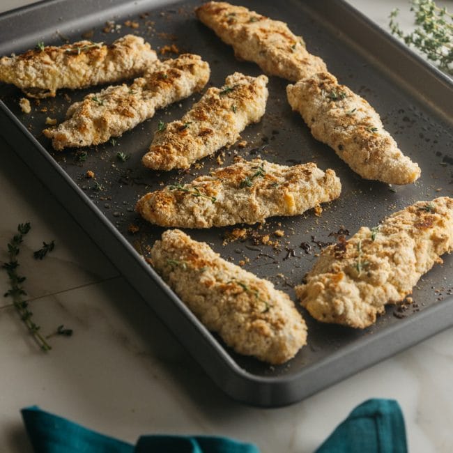 keto chicken tenders on a baking sheet