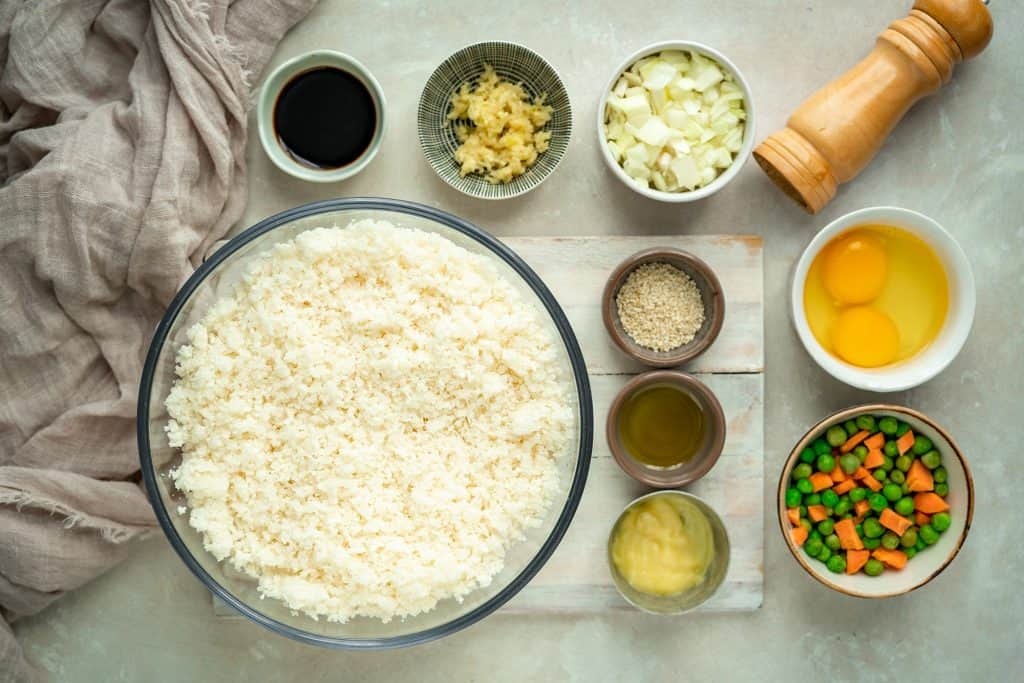 Cauliflower Fried Rice arrangement of ingredients needed to complete the dish