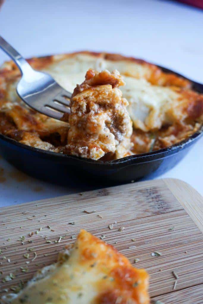 Keto Lasagna Digging into keto lasagna with silver fork