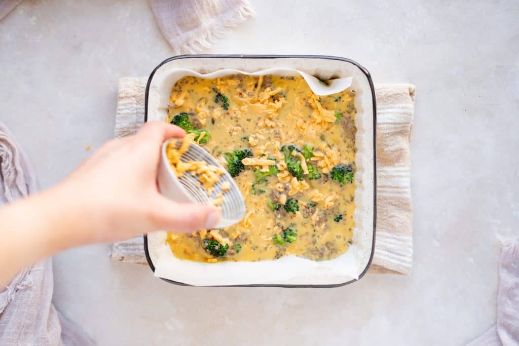 Keto breakfast Casserole casserole egg mixture poured overtop of the broccoli