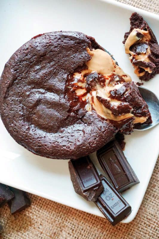 keto peanut butter cups lava cake overflowing from the center