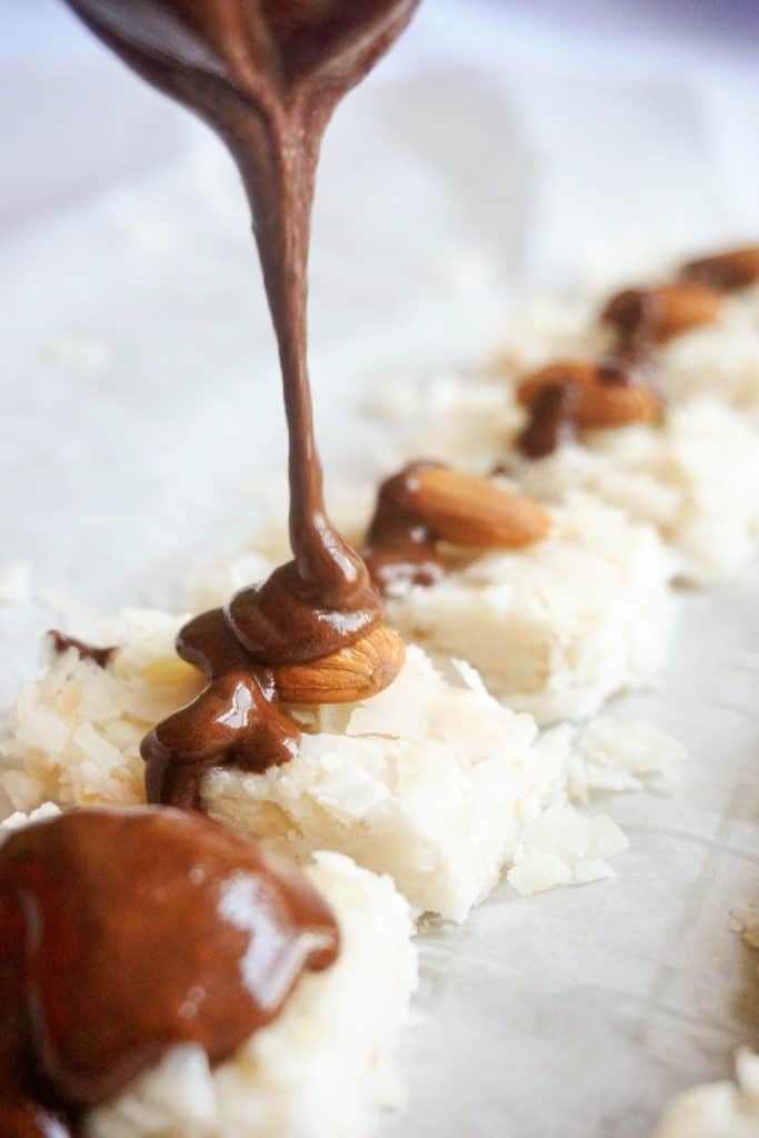 keto almond joy recipe with drizzled chocolate
