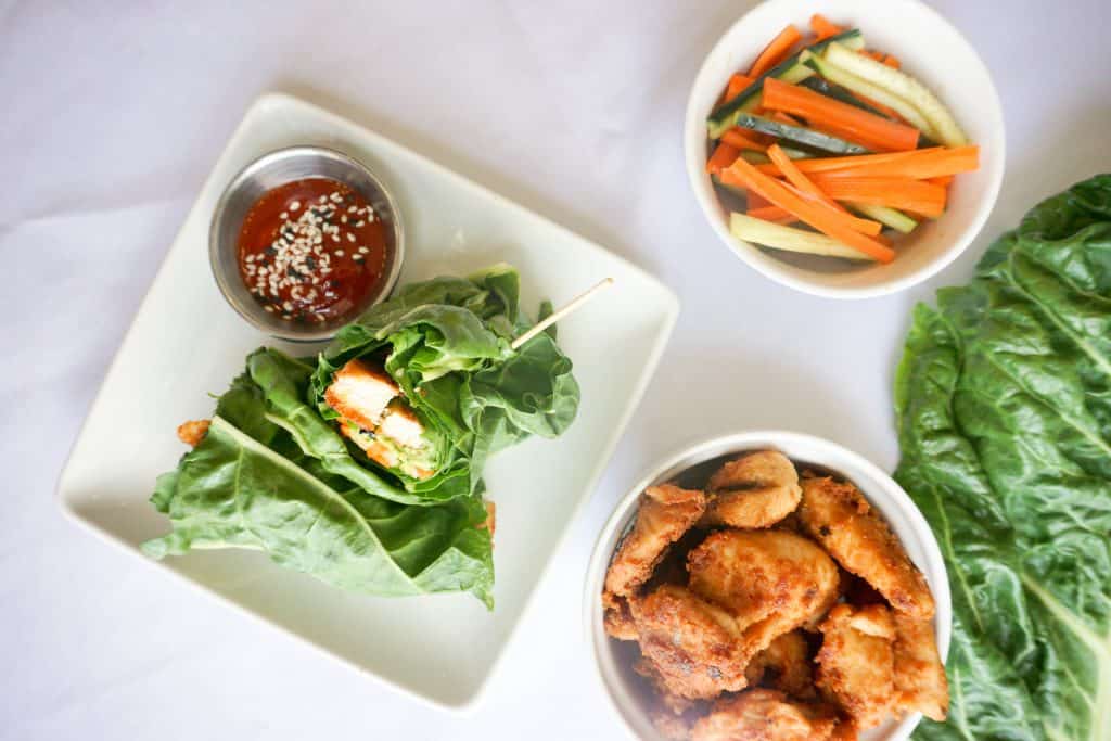 Our Peanut Chicken Lettuce Wraps are made with pickled veggies and peanut butter marinated chicken, great for on the go!