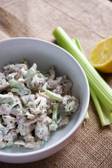 Ou Low Carb Keto Chicken Salad has the perfect chicken to creaminess ratio with crunch from celery and pecans!