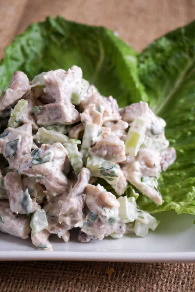 Ou Low Carb Keto Chicken Salad has the perfect chicken to creaminess ratio with crunch from celery and pecans!