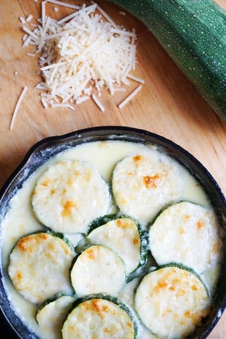 This low carb, cheesy zucchini gratin combines the nutty flavors of fontina and parmesan and is the perfect side dish to add to your weekly dinners!