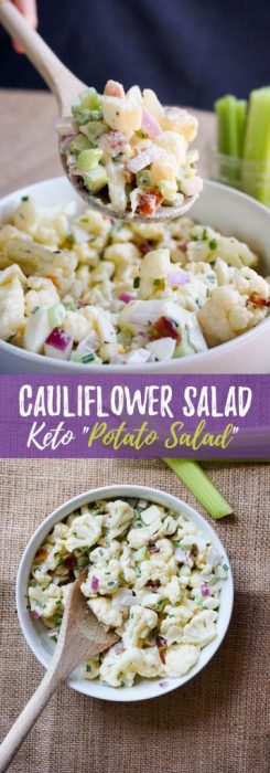 This Keto Cauliflower Salad recipe is the perfect summer time BBQ side dish packed with flavor and crunch in every bite!