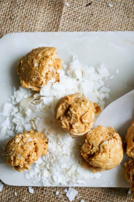 no bake peanut butter cookies on a bed of coconut flakes