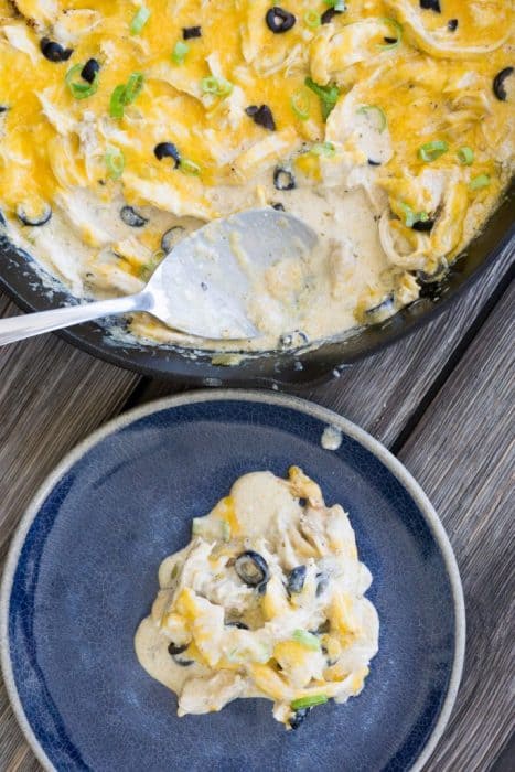 Our easy keto chicken enchilada casserole combines the flavors of a Mexican spice blend, creamy sour cream and green chilis to make this hearty, weeknight dinner recipe!