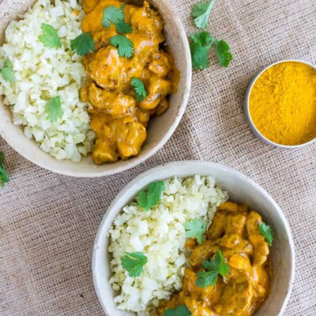 keto butter chicken close up of two bowls of keto butter chicken
