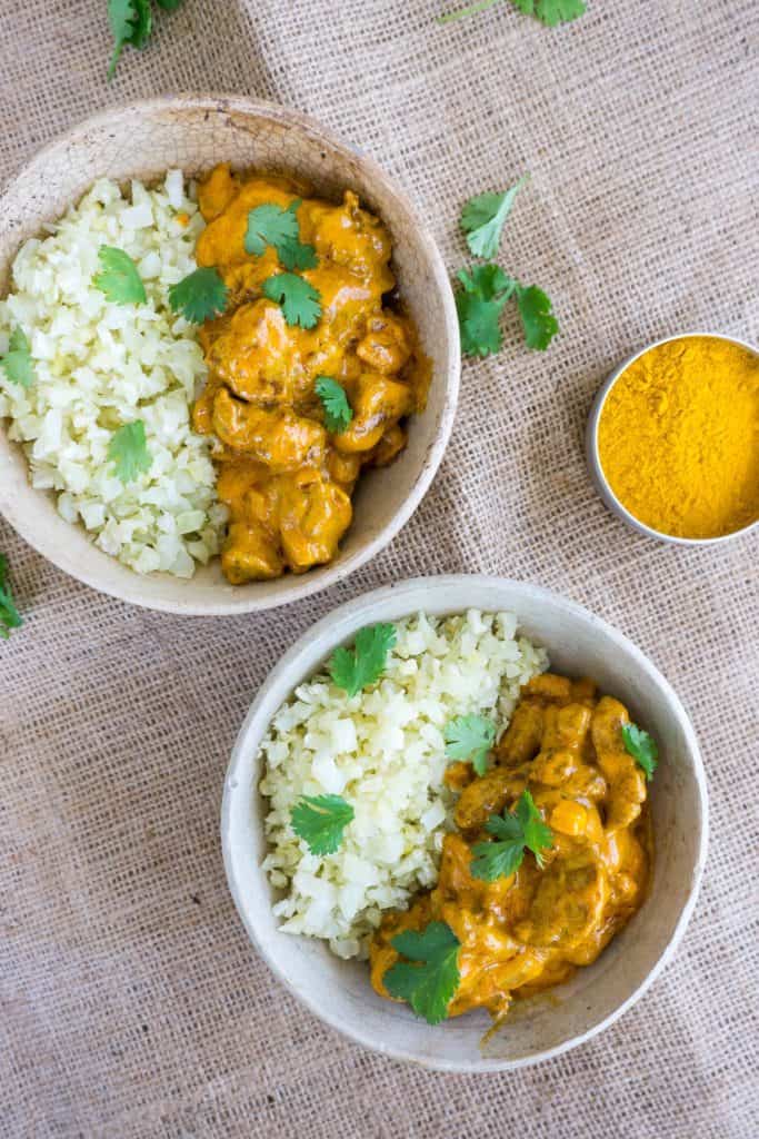 close up of two bowls of keto butter chicken