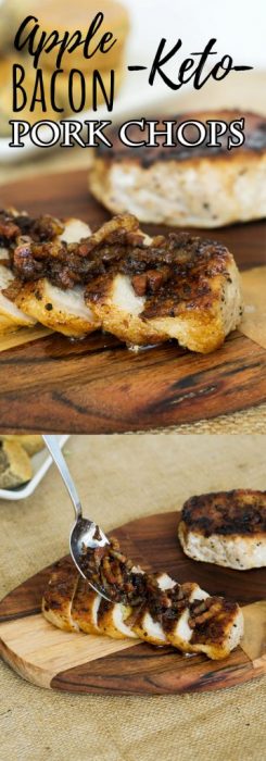 Make our keto Apple Pork Chops dressed with bacon, onions and ginger for a quick, hearty fall time dinner!