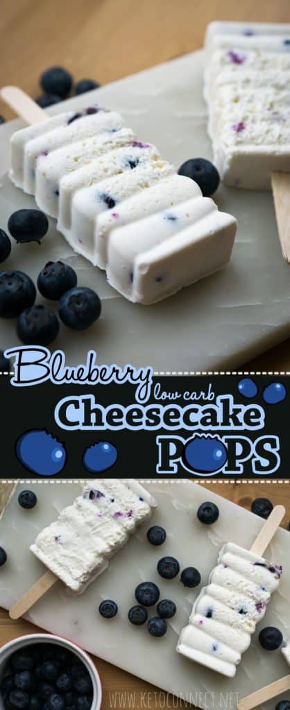 Our low carb, keto popsicles are made from a creamy blueberry, lemon cheesecake filling for the perfect guilt free treat!