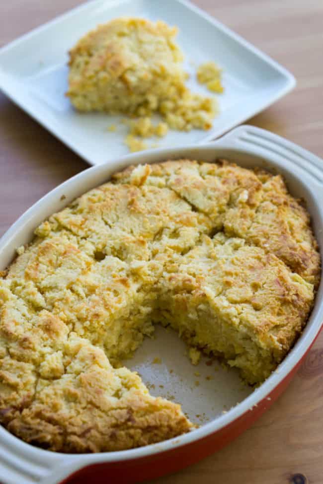 cornbread sliced and served on a plate