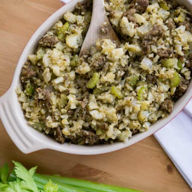 Low Carb Stuffing keto friendly stuffing in serving dish