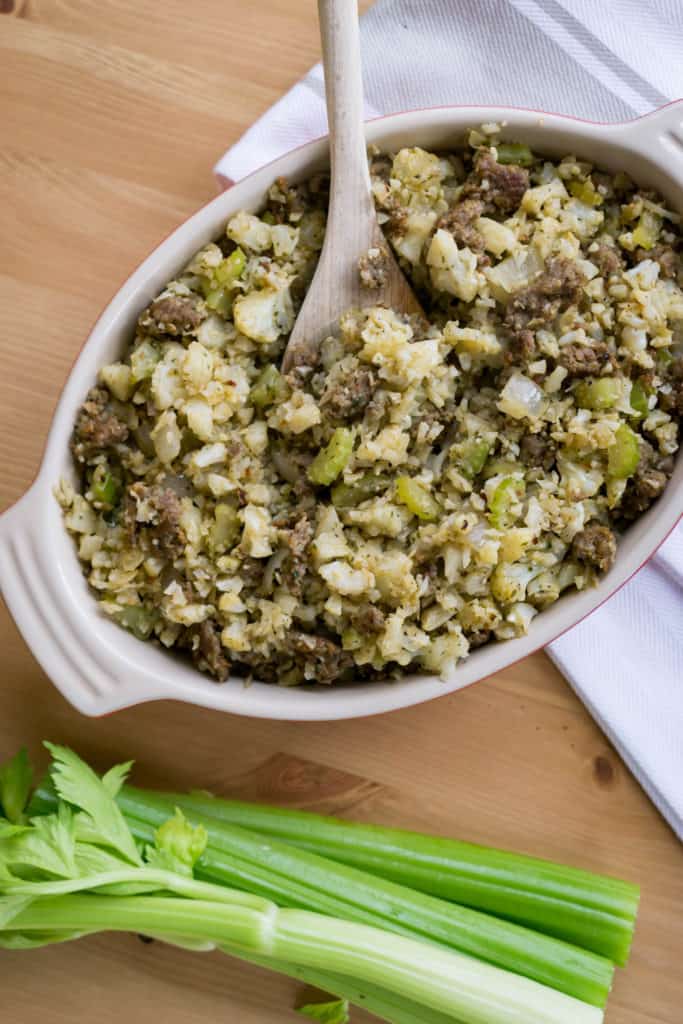 Low Carb Stuffing keto friendly stuffing in serving dish