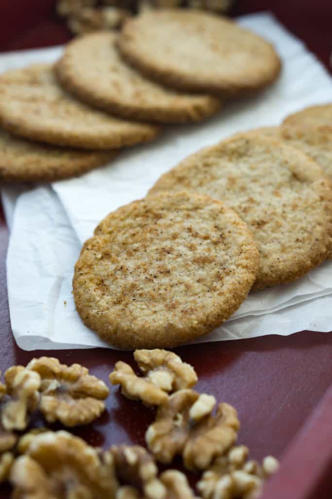 Our low carb, nut meg spiced Walnut Cookies are the perfect crispy, chewy dessert for the holiday season!