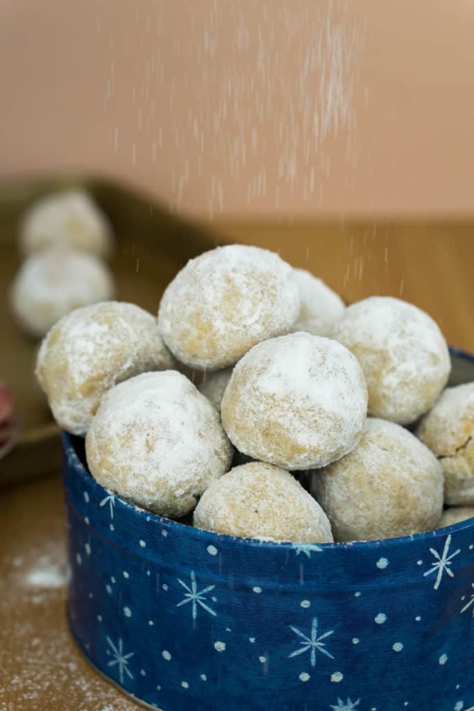 Snowball cookies sprinkled with powdered sweetener