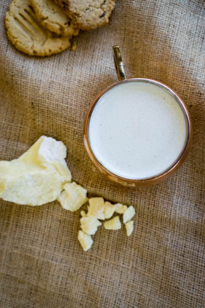 Our keto White Hot Chocolate recipe uses cacao butter for the perfect holiday drink that the whole family will love!