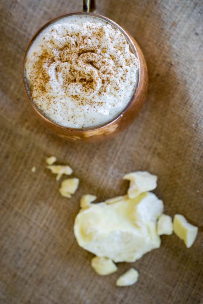 Our keto White Hot Chocolate recipe uses cacao butter for the perfect holiday drink that the whole family will love!