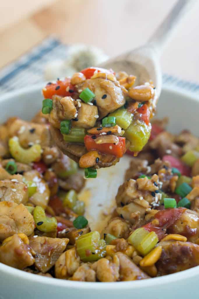 This Low Carb Kung Pao Chicken is filled with tender meat, crunchy veggies and thick, savory sauce that will make you forget about your favorite Chinese take-out!