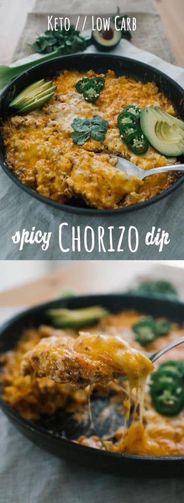 This low carb Chorizo Dip is the perfect one skillet meal or appetizer to serve at your next family dinner or game night!