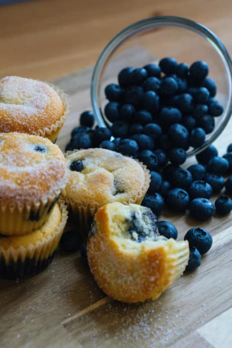 muffins in front of a spilling bowl of blueberries