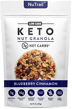 a package of nutrail keto granola blueberry cinnamon flavor