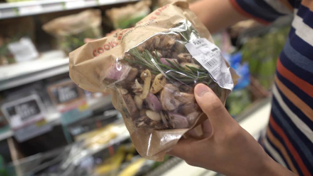Publix has packages of mixed vegetables that are already seasoned and ready to be cooked in the microwave. Our favorite package are mushrooms, garlic, and shallots.