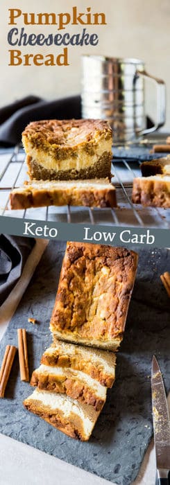 This Low Carb Pumpkin Loaf has a thick ribbon of cheesecake running through the center and is the perfect healthy replacement for pumpkin pie this holiday season!
