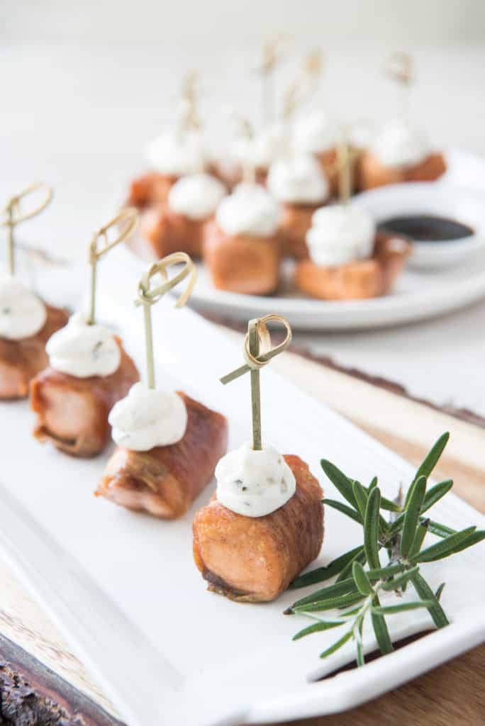 Our Prosciutto wrapped Salmon Appetizer combines high fat salmon, and salty prosciutto to make for the perfect, low carb recipe to serve to your guests!