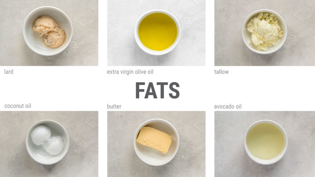 visual guide to fats for a ketogenic diet including lard tallow coconut oil olive oil and avocado oil