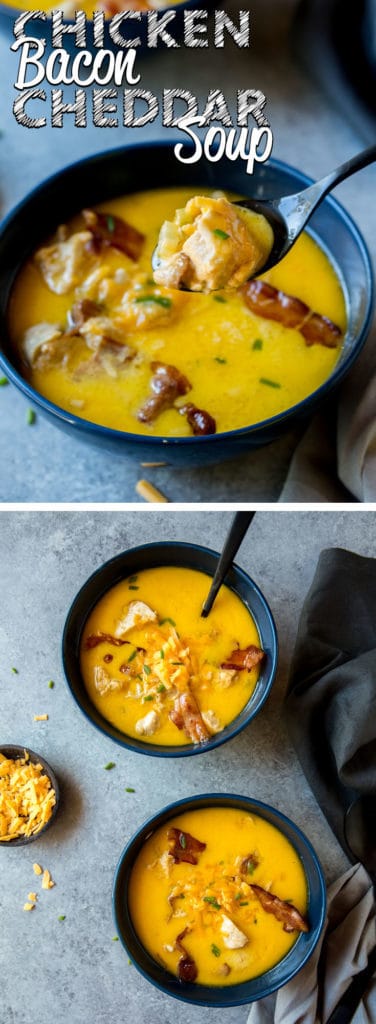 This easy keto Bacon Soup recipe is rich with cheddar and hearty with chunks of chicken and crumbled bacon!