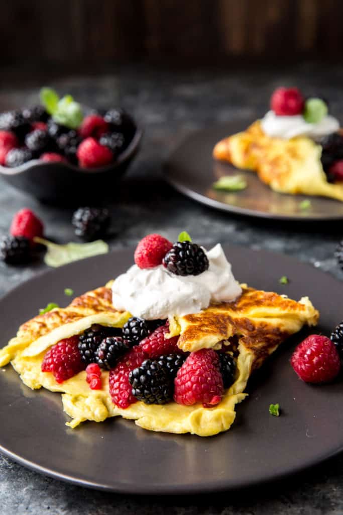This Sweet Healthy Omelette puts a spin on breakfast with a touch of sweetness and some berries! Some great low carb breakfast options are keto oatmeal, keto bagels, or protein waffles!
