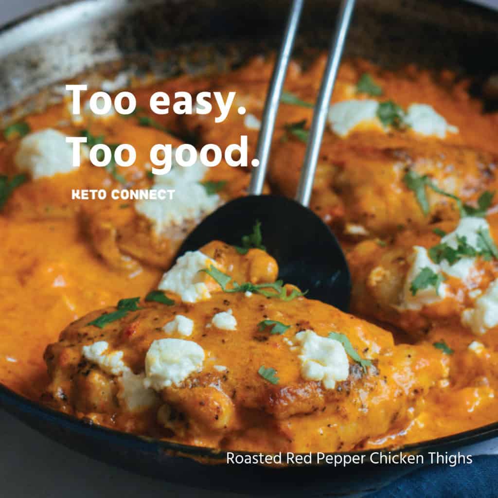 This Keto Chicken Thighs recipe is not only simple to make, but is packed with flavor from roasted red peppers and creamy goat cheese! 