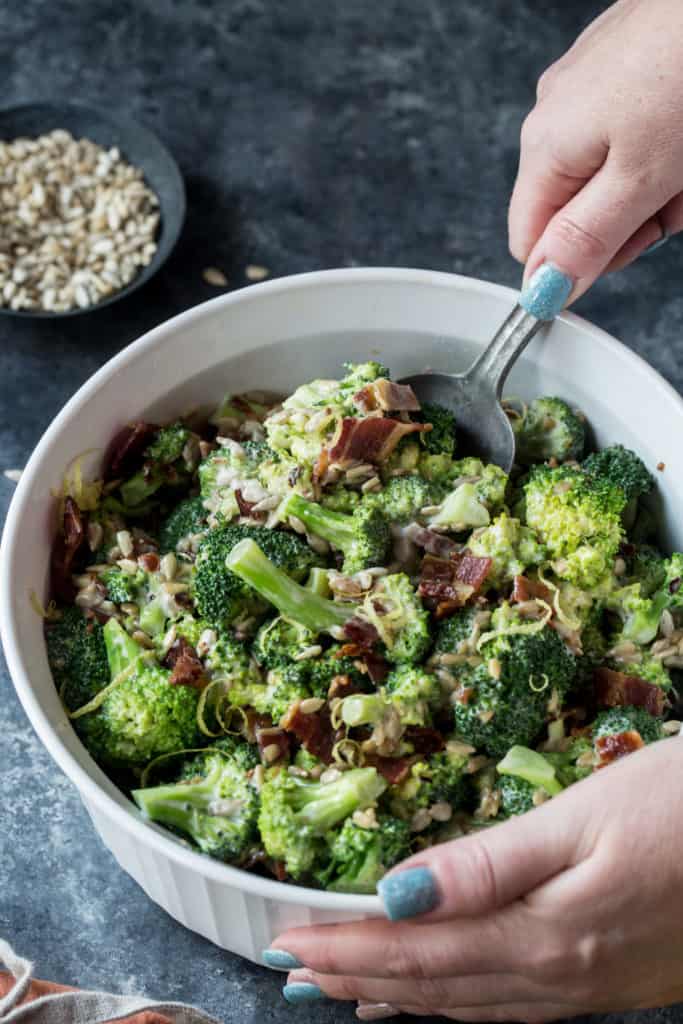 Our Keto Broccoli Salad This Keto Broccoli Salad is the perfect cold side dish to your hot dogs and burgers on hot summer grill out days! All while being healthy, and low carbs!