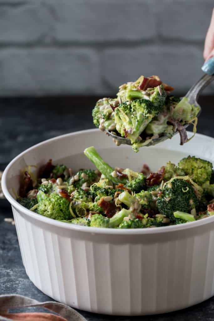 A Scoop of Our Broccoli Salad This Keto Broccoli Salad is the perfect cold side dish to your hot dogs and burgers on hot summer grill out days! All while being healthy, and low carbs!