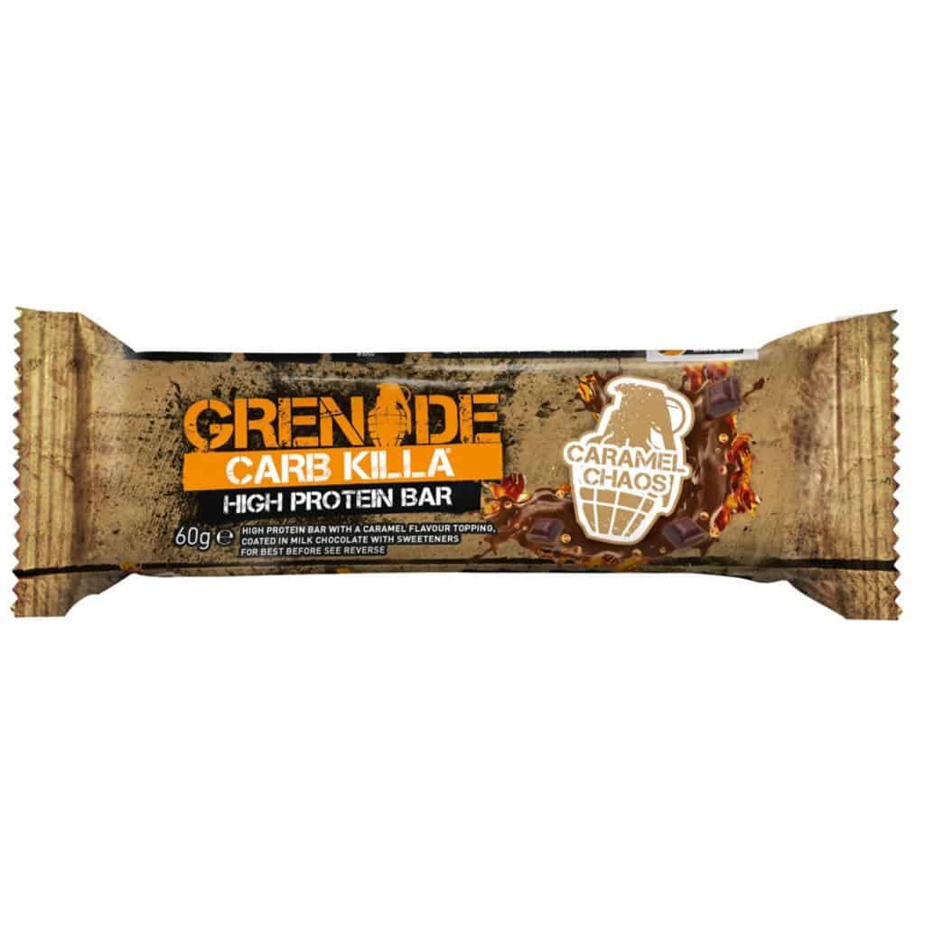 brown earth colored protein bar package with orange label and grenade