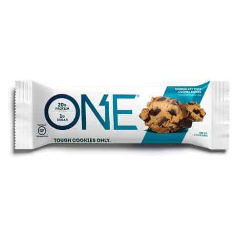 white and teal protein bar packaging with chunks of cookie dough