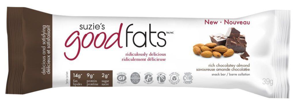 chocolate almond flavored low carb protein bar in packaged with a white background