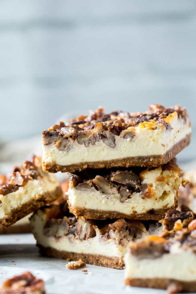 These Keto Cheesecake Bites are made with a dense crust, creamy center and crunchy pecan topping to hit all your tastebuds!