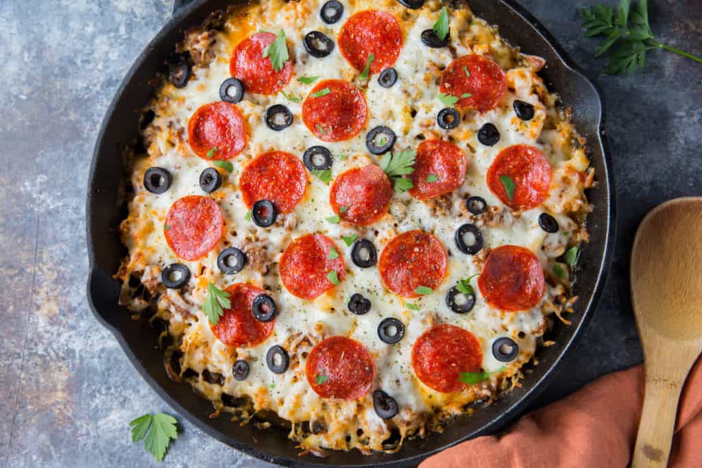 Fresh Pizza Casserole Our keto pizza casserole combines hearty sausage, tender cauliflower, cheese, and pepperoni to make a delicious final product. Making this pizza casserole can be turned into a whole family time activity!