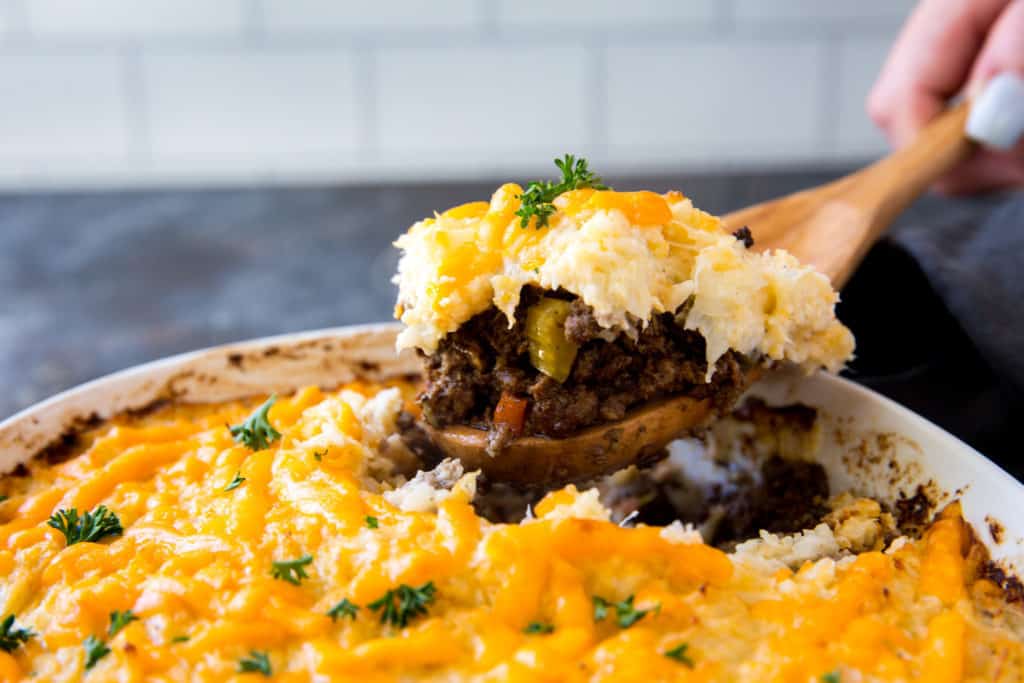 keto shepherds pie being scooped with a spoon