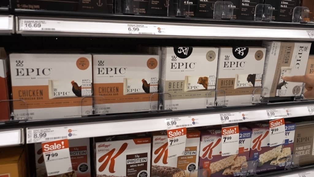Epic Bar Epic Bar branded meat bars are high quality and delicious. Try the Chicken Sriracha and venison bars from target!