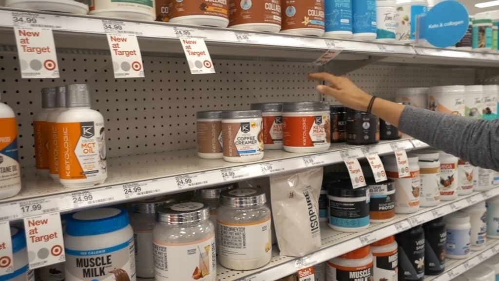 Keto Creamers Targets specialty keto foods section was a pleasant surprise. Plenty of tasty creamers and protein powders cover the shelves for a large variety of options to try!