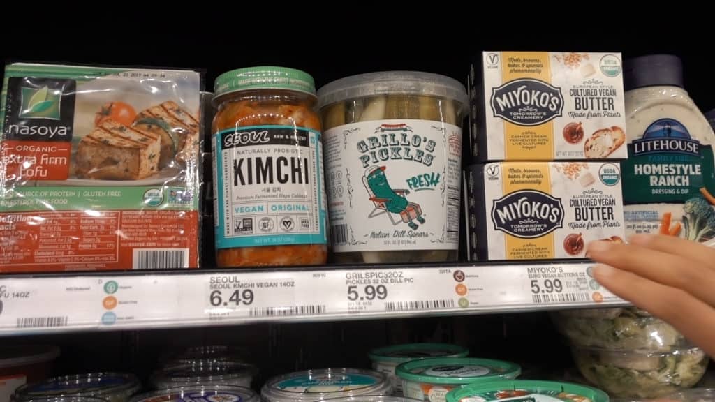 Grillo's Pickles with the White label Grillo's Pickles have tons of flavor and are super crunchy. They are freshly packaged in vinegar and can be found at any target!