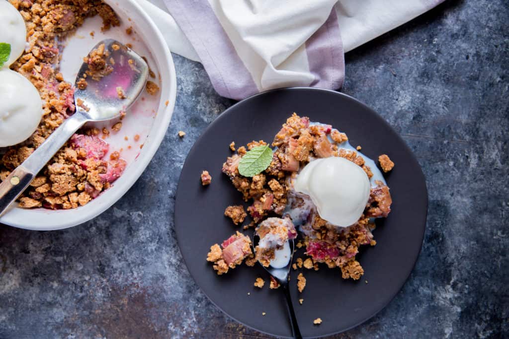 Our low carb rhubarb crisp recipe has tons of crunch, combined with the soft texture of either fresh or frozen rhubarb! This is perfect for any summer dessert!